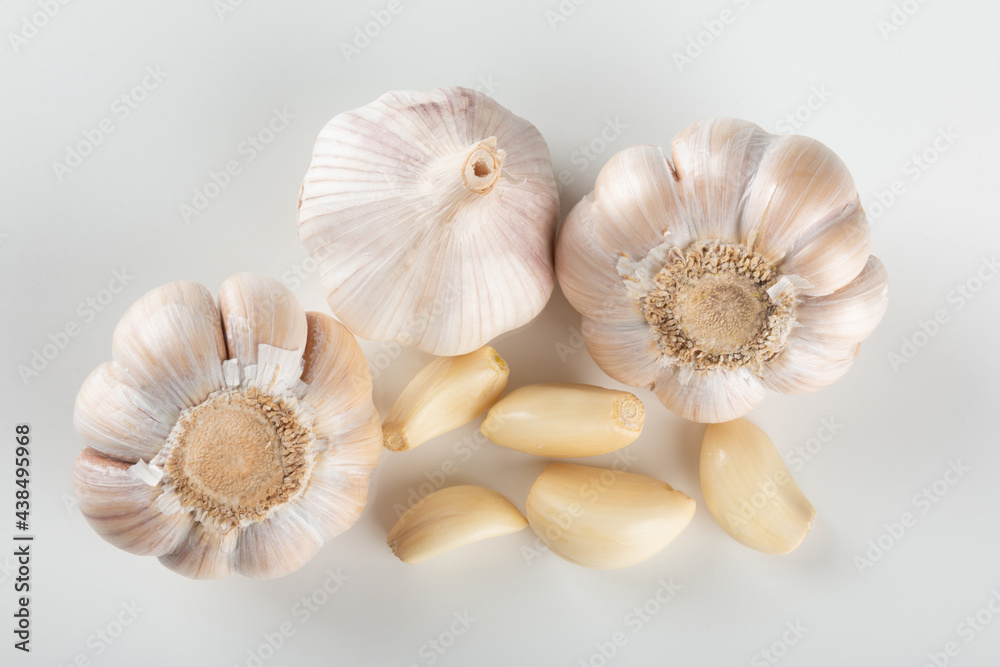 Garlic Cloves and Bulb isolated on white background.