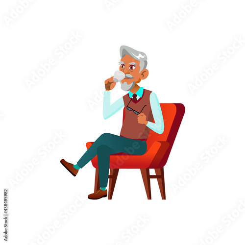 elegant old man drinking coffee in living room cartoon vector. elegant old man drinking coffee in living room character. isolated flat cartoon illustration