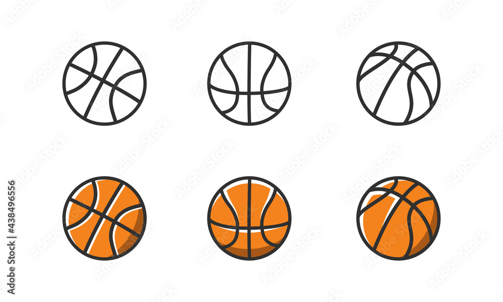 Set of 3 basketball outline icons and 3 flat icons. Basketball balls isolated on white background. Modern logo design. Vector illustration