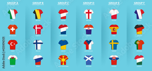 Football Shirts with flag of European football competition participants sorted by group.