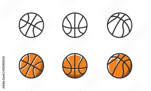 Set of 3 basketball outline icons and 3 flat icons. Basketball balls isolated on white background. Modern logo design. Vector illustration
