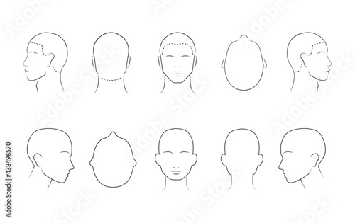 Head guidelines for barbershop, haircut salon, fashion. Lined human head in different angles isolated on white background. Adult human outline faces. Set of 10 human head icons. Vector illustration photo
