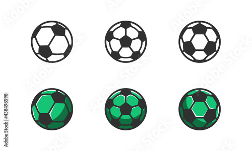 Soccer ball icons set. Soccer, Football ball in different angles. Graphic elements for logo, poster, emblem, badge, banner. Colorful, Black and White Soccer balls. Vector illustration 