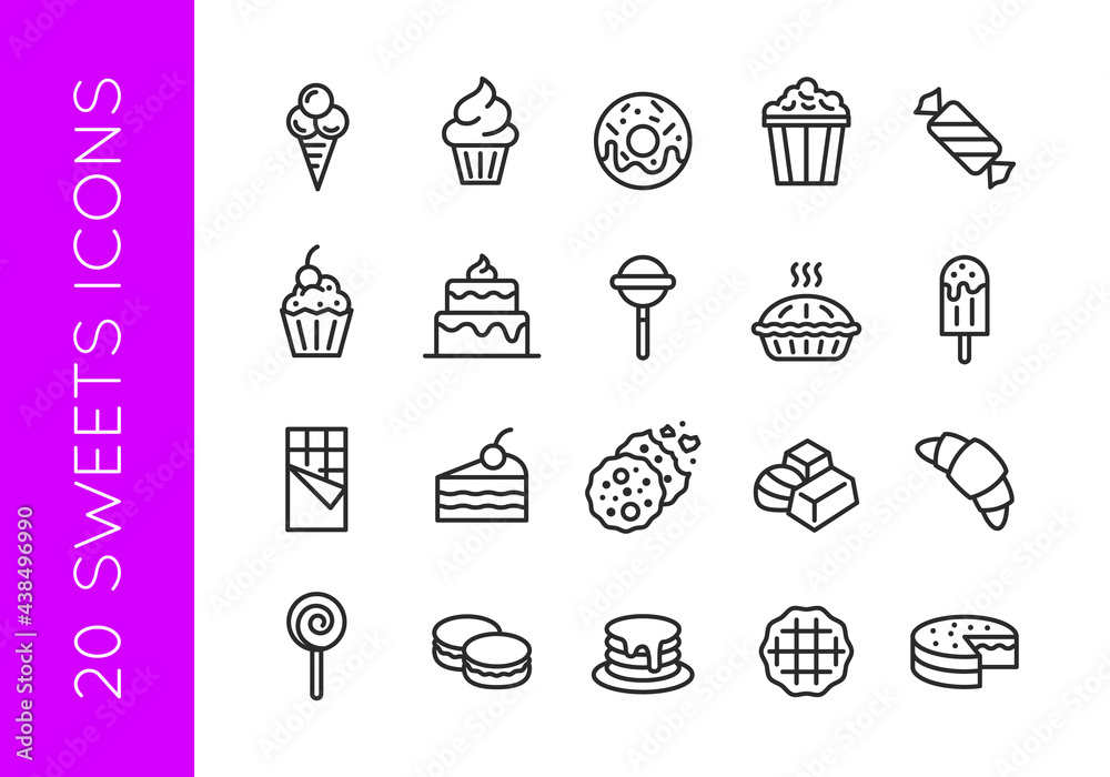 Sweets icons. Set of 20 sweets trendy minimal icons. Ice cream, candies, cakes, etc. Design signs for cafe, restaurant menu, web page, mobile app, logo, banner, packaging design. Vector illustration