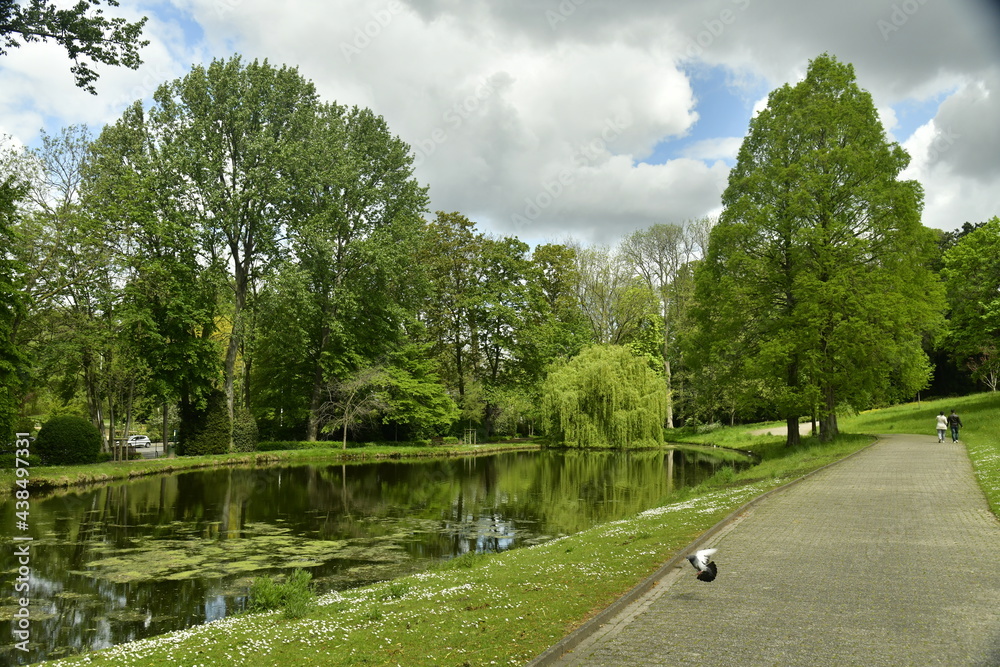 L'un des étangs entouré de végétation luxuriante au jardin Jean Sobieski à Laeken