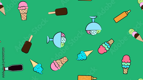 Endless green seamless pattern of a set of icons of delicious food and snacks items for a cafe bar restaurant: ice cream, syrup, soda. The background