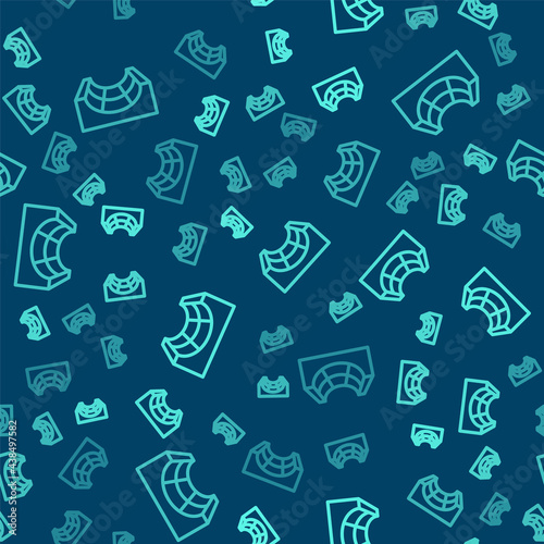 Green line Skate park icon isolated seamless pattern on blue background. Set of ramp, roller, stairs for a skatepark. Extreme sport. Vector