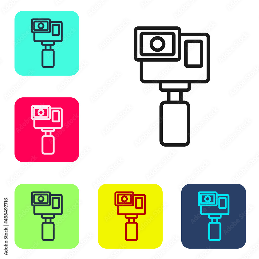 Black line Action extreme camera icon isolated on white background. Video camera equipment for filming extreme sports. Set icons in color square buttons. Vector Black line Action extreme camera icon isolated on white background. Video camera equipment for filming extreme sports. Set icons in color square buttons. Vector