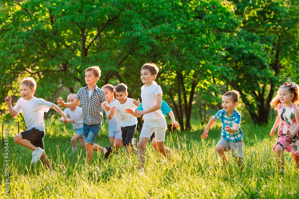 Obraz premium A group of happy children of boys and girls run in the Park on the grass on a Sunny summer day.