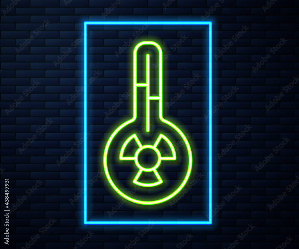 Glowing neon line Meteorology thermometer measuring heat and cold icon isolated on brick wall background. Thermometer equipment showing hot or cold weather. Vector