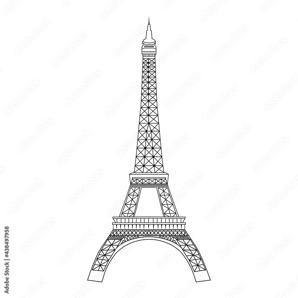 Silhouette of Eiffel tower. Good afternoon in French. Paper cut style, handwritten text. Black Eiffel tower on white backgraund. Paris vector illustration. 