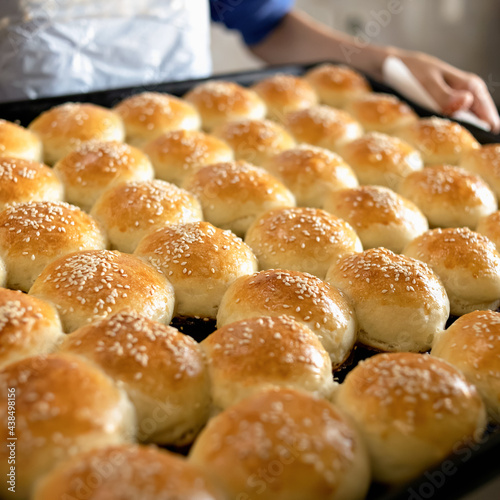 Fresh baked goods with sesame seeds. Hot crispy buns just out of oven. Rows of white round crispbreads or donuts are cooling. Soft focus. Close up shot. © Artur