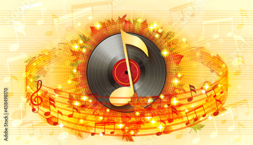 Autumn background with fallen leaves, notes and vinyl record.