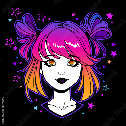 portrait of a young girl with bright iridescent hair and a funny hairstyle