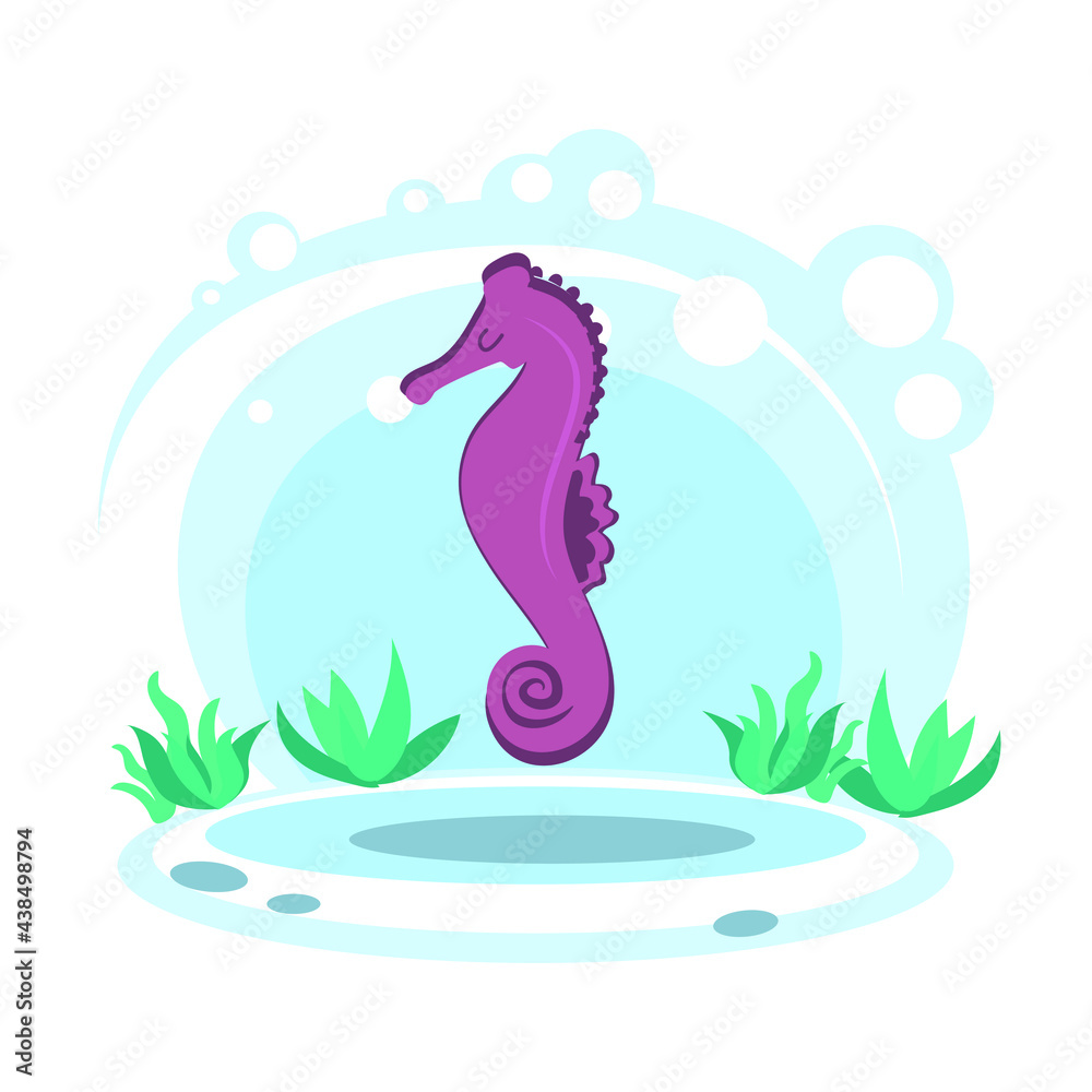 Fototapeta premium Cartoon cute pink seahorse. Wild sea animal. Stylized character in the location of the sea or ocean. simplified style. Vector stock illustration. educational card for children. Wildlife. aquarium 