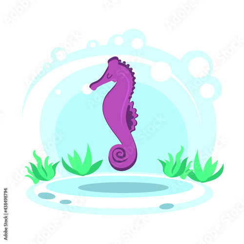 Cartoon cute pink seahorse. Wild sea animal. Stylized character in the location of the sea or ocean. simplified style. Vector stock illustration. educational card for children. Wildlife. aquarium 