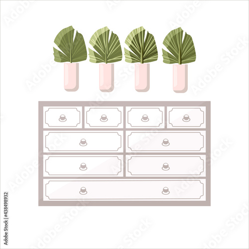 individual interior elements on a white isolated background. vector stock illustration Palm leaves in a pink vase static composition chest of drawers with different size drawers monograms and fittings