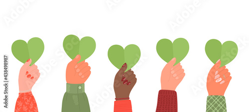 Hands holding green hearts. Csr, environment protection concept border.