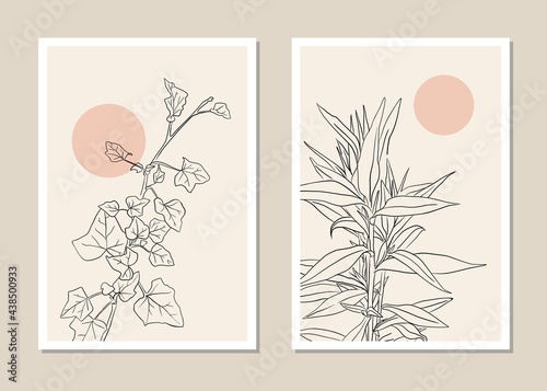 Abstract collages with elements of botanical branches in a minimal style. Vector illustration.