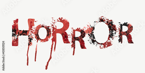 HORROR lettering with bloody scary letters on a light background. Vector illustration in the form of an abstract red ominous inscription with blood stains, drips, splatters and blots in grunge style