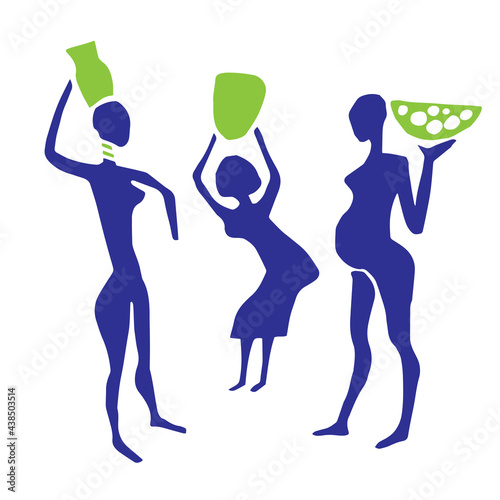 Primitive women harvest with pots. Rock painting style. Vector hand drawn illustration isolated on white background. Image of cave people everyday life.Art element for card or poster design.