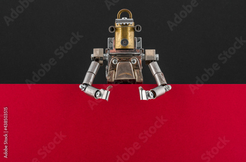 Portrait of a steampunk robot looking around the corner.