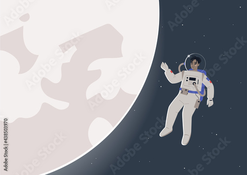 A young male Black astronaut in a spacesuit floating in open space next to a glowing moon, a science fiction theme