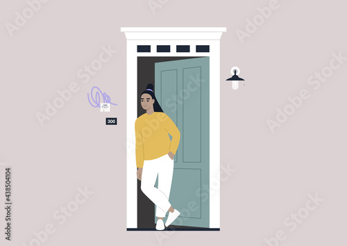 A young female Asian character standing outside their entrance door, apartment renting theme