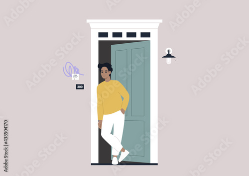 A young male character standing outside their entrance door, apartment renting theme