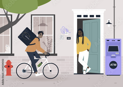 Urban scene, a food delivery worker shipping order to a customer, daily city life