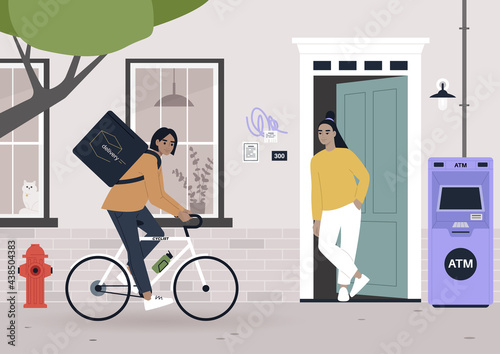 Urban scene, a food delivery worker shipping order to a customer, daily city life