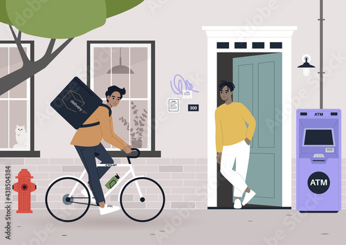 Urban scene, a food delivery worker shipping order to a customer, daily city life
