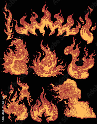 Puffs of flame. Design set. Hand drawn engraving. Editable vector vintage illustration. Isolated on black background. 8 EPS