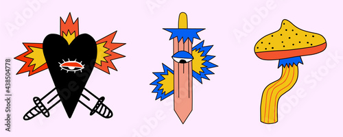surreal halloween stickers set - heart shape, sword, eye, mushroom. Funky groove tattoo templates in punk and hippie style. Bizarre hippie art of the 70s and 80s. Patches modern magic and psychedelic
