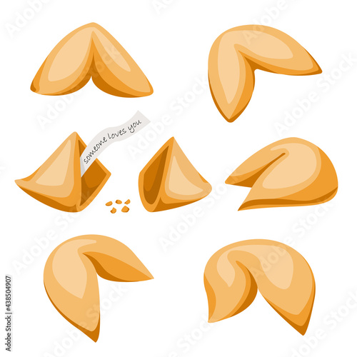 Food Vector Set. Sweet Pastries. Chinese fortune cookies and crushed. Fortune cookie with note inside. Flat style