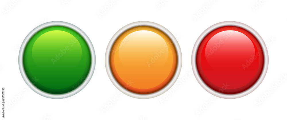Three round blank buttons. Green, orange and red buttons. Vector 3d illustration isolated on white background. Three round blank buttons. Green, orange and red buttons. Vector 3d illustration isolated on white background.
