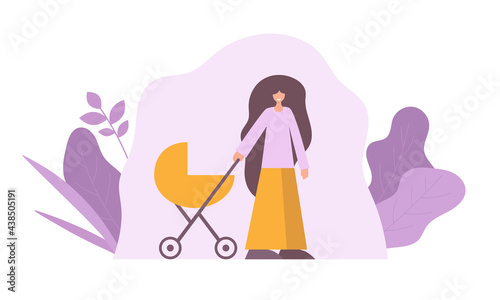 Woman with a stroller for a walk. Woman and child. Flat vector illustration.