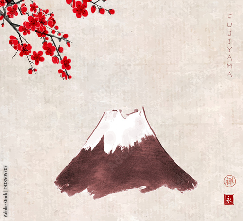 Fujiyama mountain and sakura blossom on vintage background. Traditional oriental ink painting sumi-e, u-sin, go-hua. Translation of hieroglyph - zen, eternity.