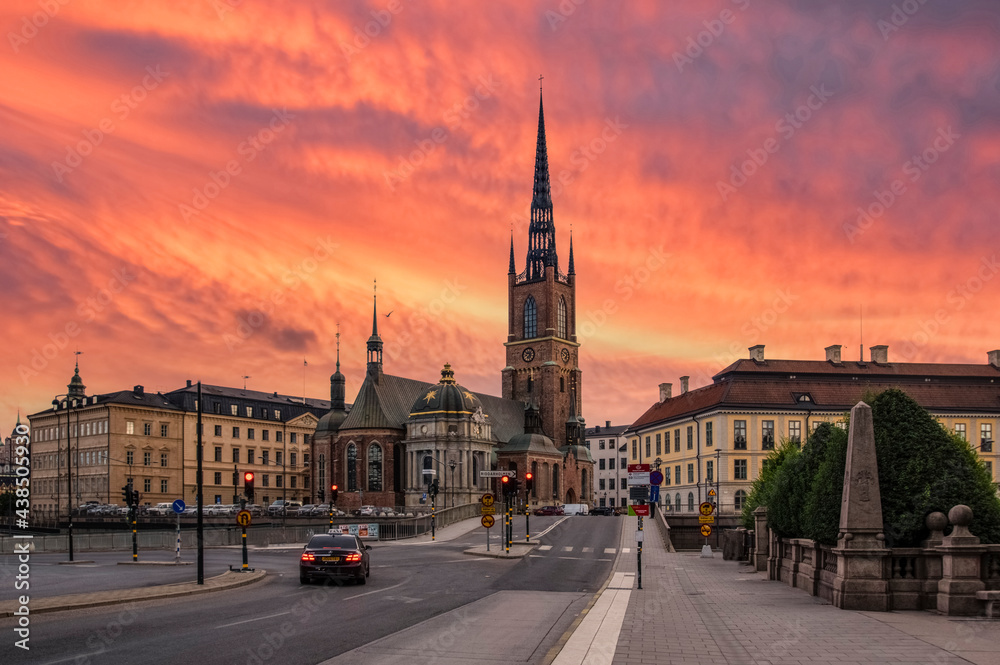 Church of Santa Clara. Sunset with a bright red sky. Stockholm, Sweden