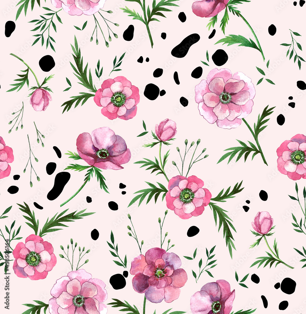 Bright beautiful watercolor modern floral trendy pattern with daisies and black spots on a light pink background.