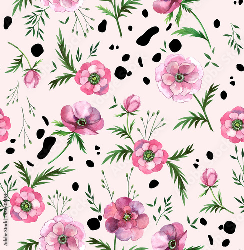 Wallpaper Mural Bright beautiful watercolor modern floral trendy pattern with daisies and black spots on a light pink background. Torontodigital.ca