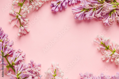 Floral composition with a place for text in the form of a frame of lilac on pink background. © KseniaJoyg