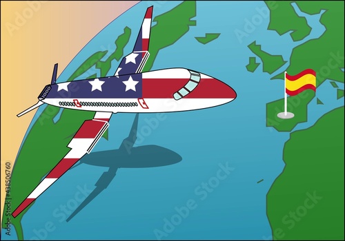 EEUU vuela a España. Los norteamericanos viajan a España de vacaciones.. Permitidos los viajes de EEUU a España en tiempos de covid-19. Avión con la bandera de USA sobrevuela el planeta rumbo a España