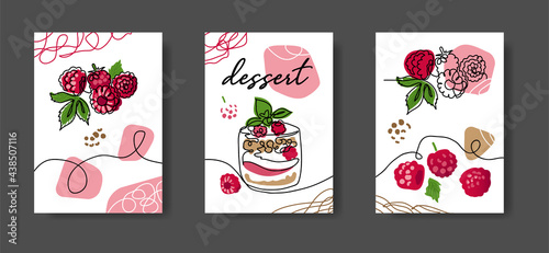 Raspberry dessert poster, illustrations set for cafe or kitchen. Minimal one continuous line design. Wall line art decoration with text dessert