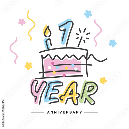 1 Year Anniversary handwritten typography lettering Greeting card with colorful big cake, sparkle firework, number, candle and confetti