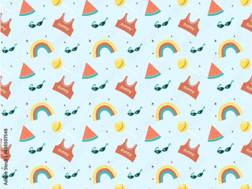Summer vibes concept. Colorful beach pattern with cartoon elements