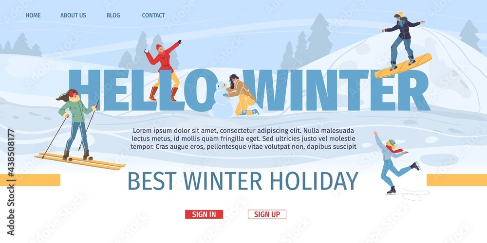 Set of flat cartoon family characters doing winter outdoor sport activities,skiing and snowboarding in snow - winter resort holidays,family vacation concept for ready web online site design