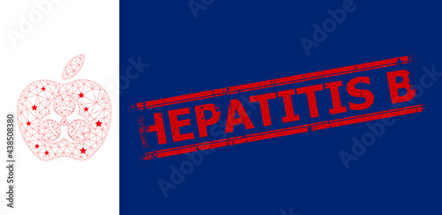 Mesh infected apple polygonal icon vector illustration, and red HEPATITIS B dirty stamp. Model is created from infected apple flat icon, with stars and triangular net.