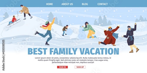 Set of flat cartoon family characters doing winter outdoor sport activities,skating and sledging in snow - winter resort holidays,family vacation concept for ready web online site design