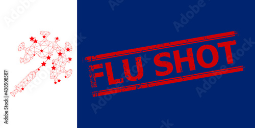 Mesh coronavirus vaccine injection polygonal icon vector illustration, and red FLU SHOT scratched stamp. Model is based on coronavirus vaccine injection flat icon, with stars and triangle mesh.